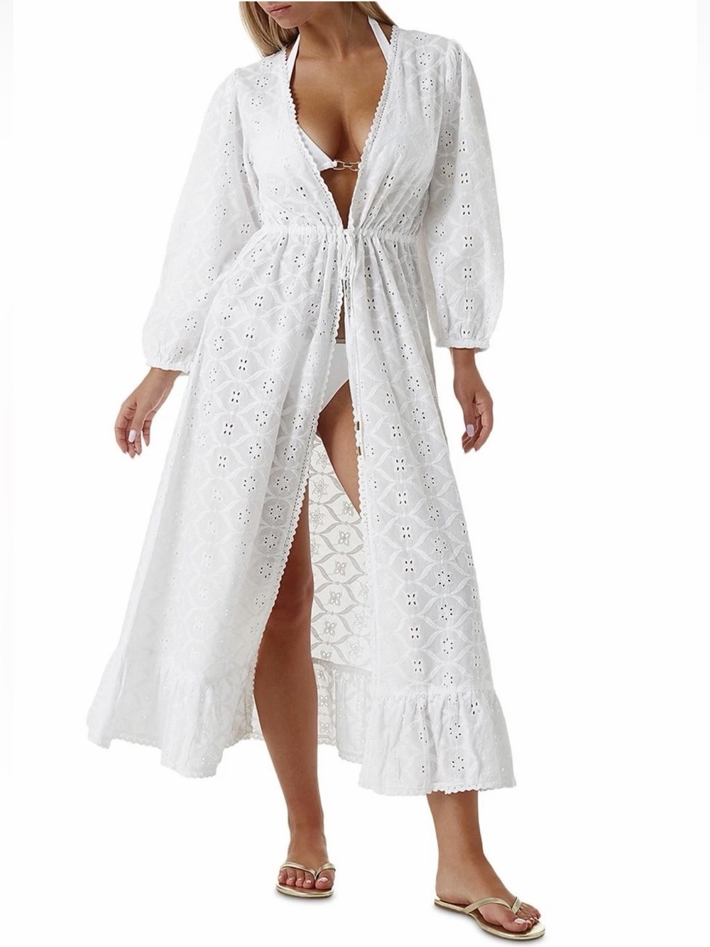 Melissa Odabash Avery Cotton Kaftan Swim Cover-Up Size XS White Eyelet Lace